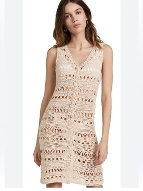 Line & Dot Crochet Button-Front Tank Dress in Cream